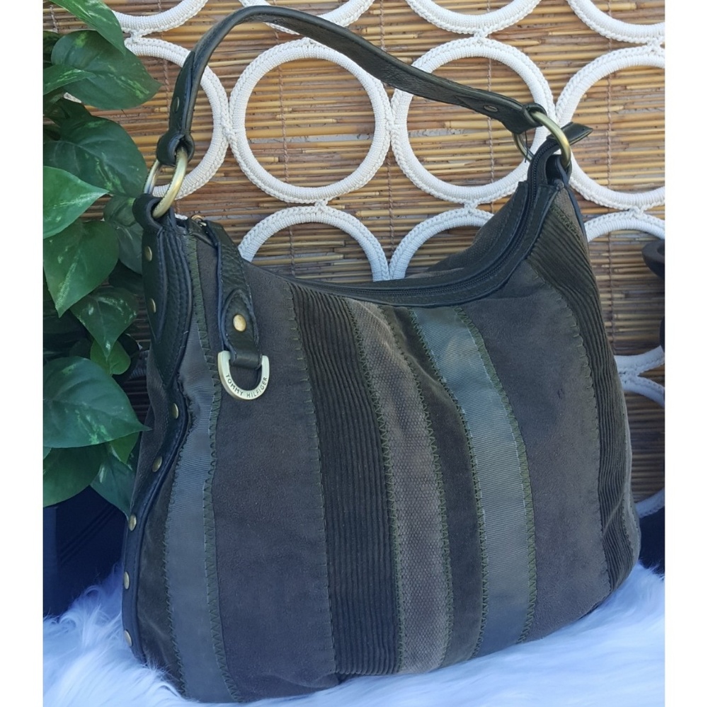 Tommy Hilfiger Camo Green Corduroy Zipper Satchel